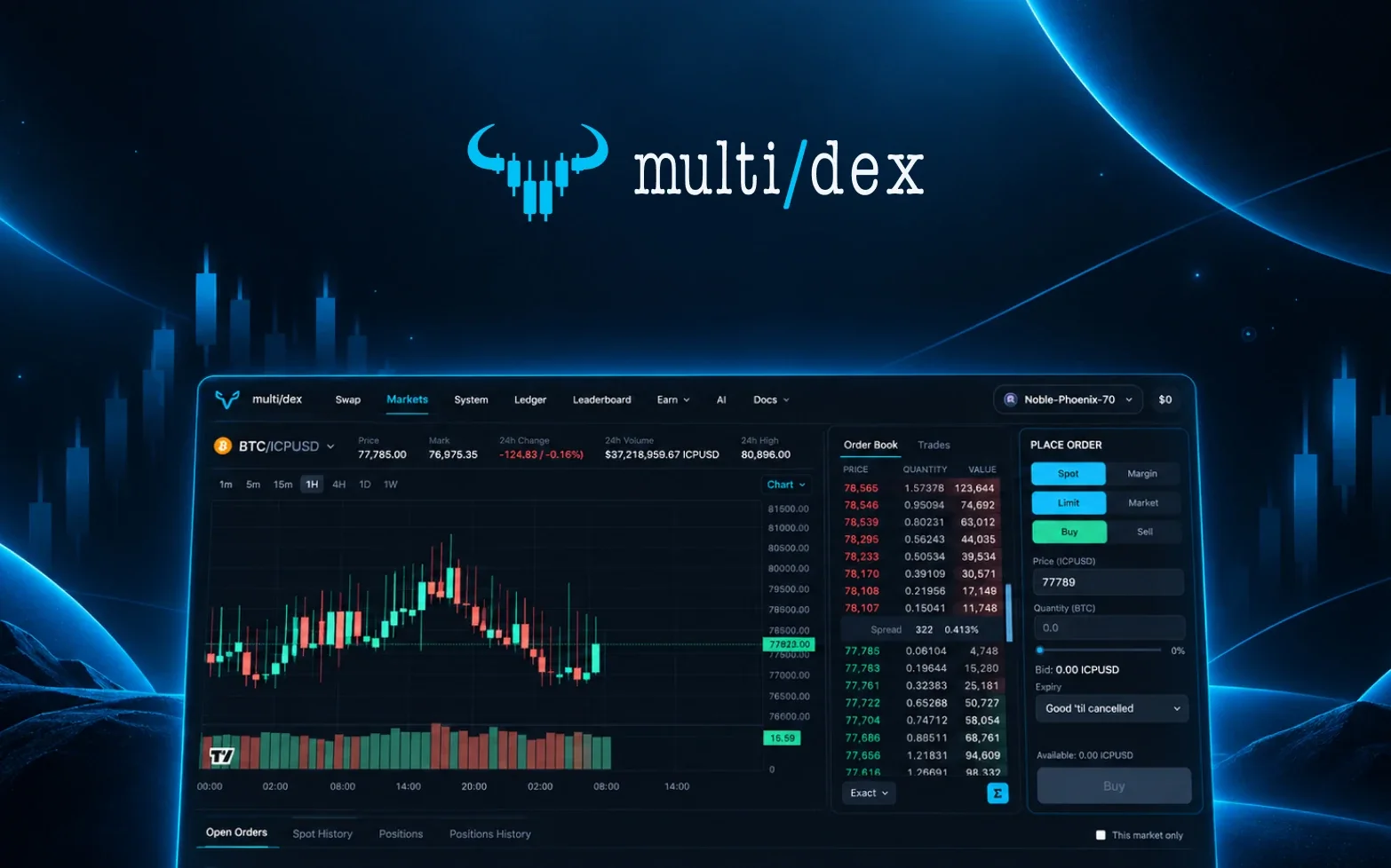 The MULTI/DEX logo above its trading interface, showing the BTC/ICPUSD candle chart, the order book with its spread, and the place-order panel.